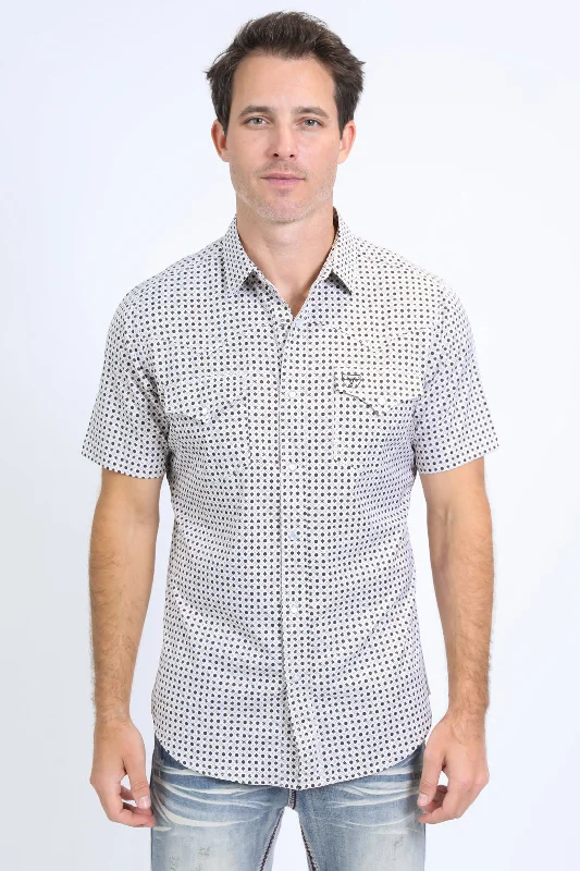 Men's Shirts with Surplice HemlinesMens Performance Western Short Sleeve Aztec Print White Shirt