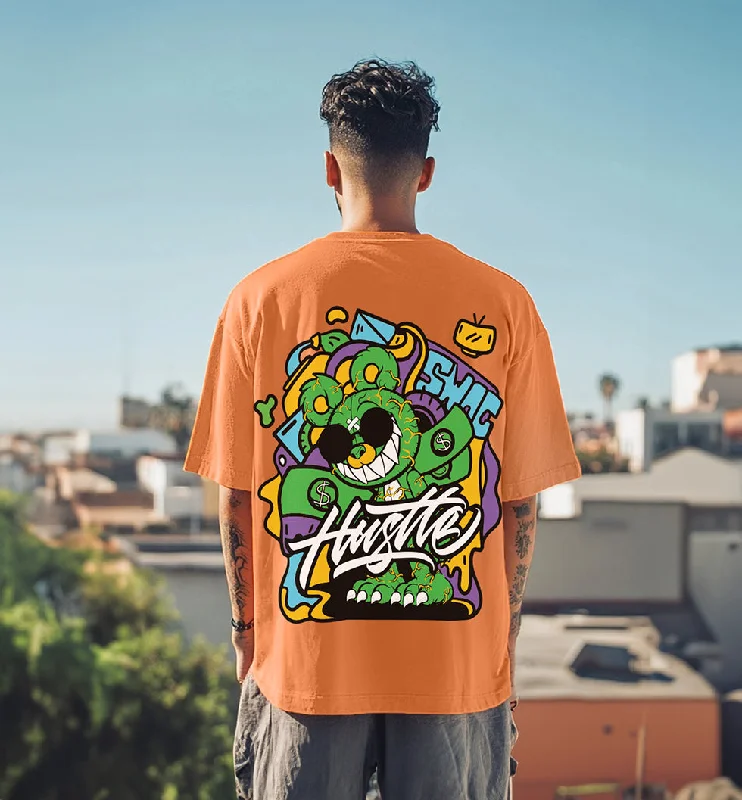 Men's Unique and Designer TopsHUSTLE Orange Oversized Back Graphic Printed Tshirt
