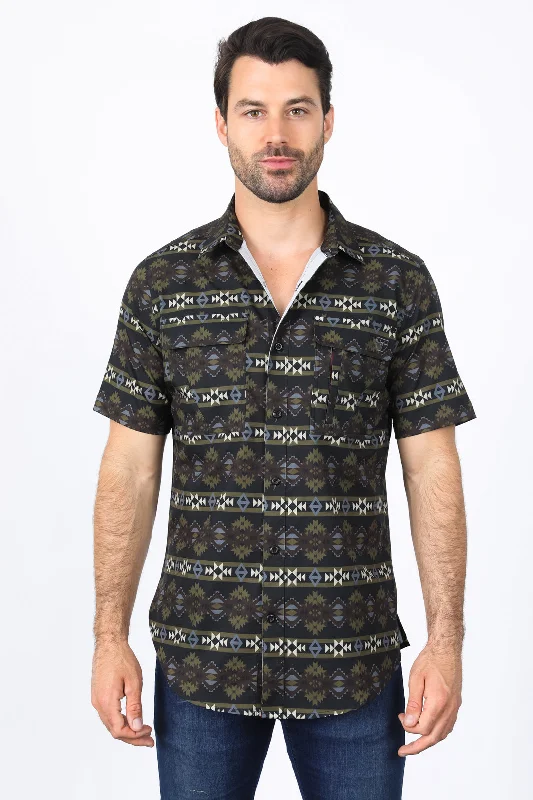Casual Men's T-ShirtsMens Performance Classic Fit Western Short Sleeve Aztec Print Black Shirt