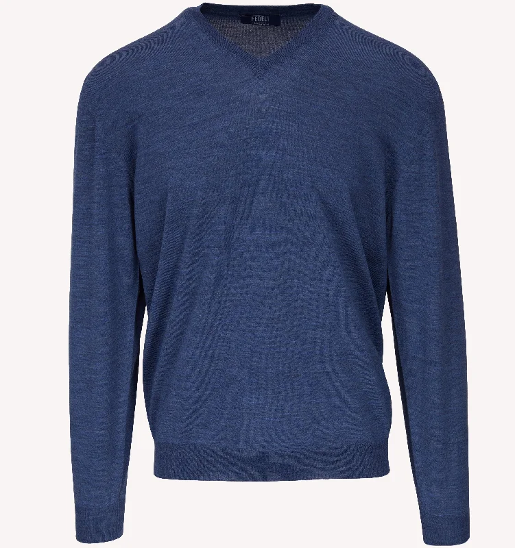 Men's Shirts with Checkered PatternsFedeli V-Neck Sweater in Denim Blue