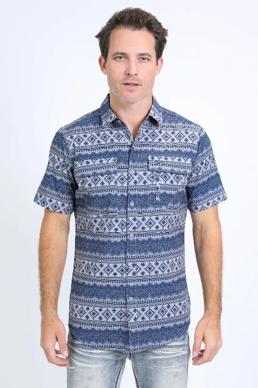 Men's Shirts with Embellished CollarsMens Performance Western Short Sleeve Aztec Print Grey Shirt