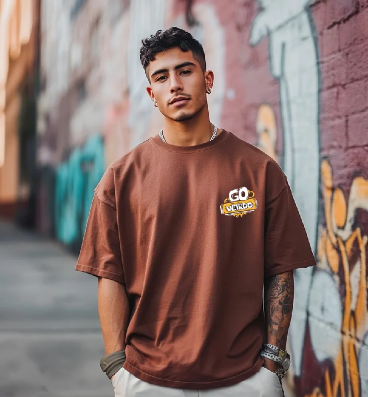 Durable Men's Work ShirtsGo Veirdo Brown Oversized Pocket Graphic Printed Tshirt