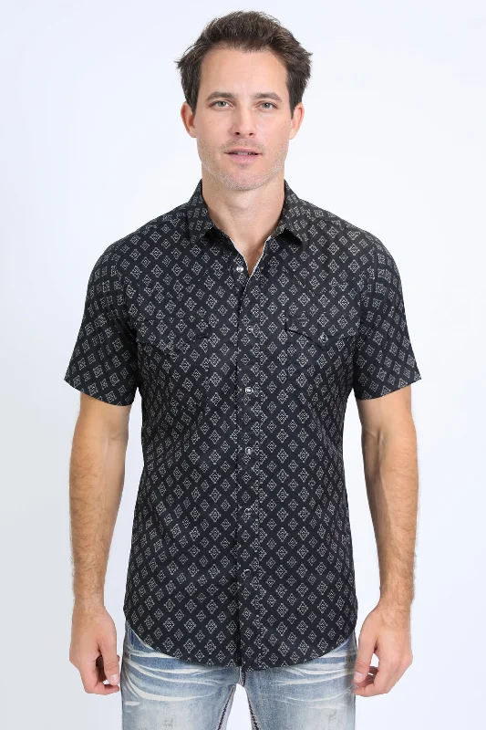 Men's Shirts with Barrel CuffsMens Performance Western Short Sleeve Aztec Print Black Shirt