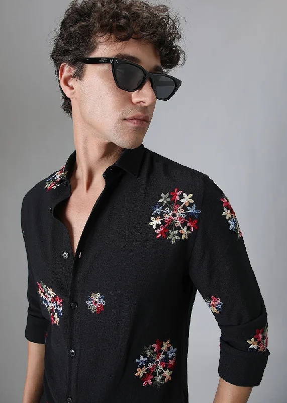 Men's Tennis Shirts for Court ComfortBlack Floral Embroidered Shirt