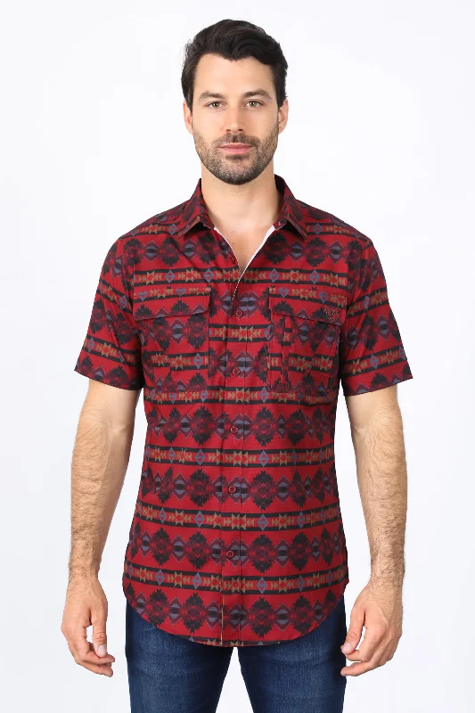 Men's Shirts with Embellished SleevesMens Performance Classic Fit Western Short Sleeve Aztec Print Red Shirt