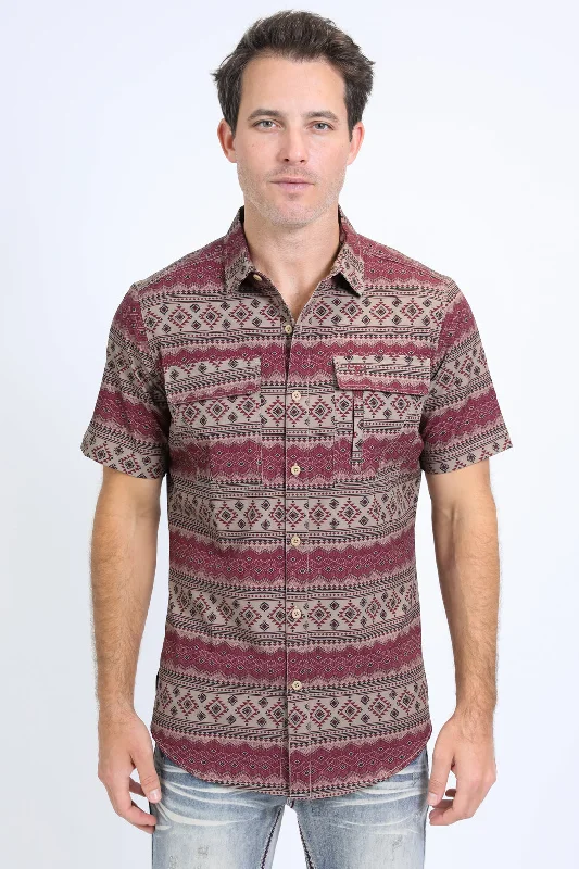 Men's Shirts with Belt LoopsMens Performance Western Short Sleeve Aztec Print Khaki Shirt