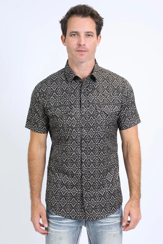 Men's Shirts with Chest PocketsMens Performance Western Short Sleeve Aztec Print Black/Brown Shirt