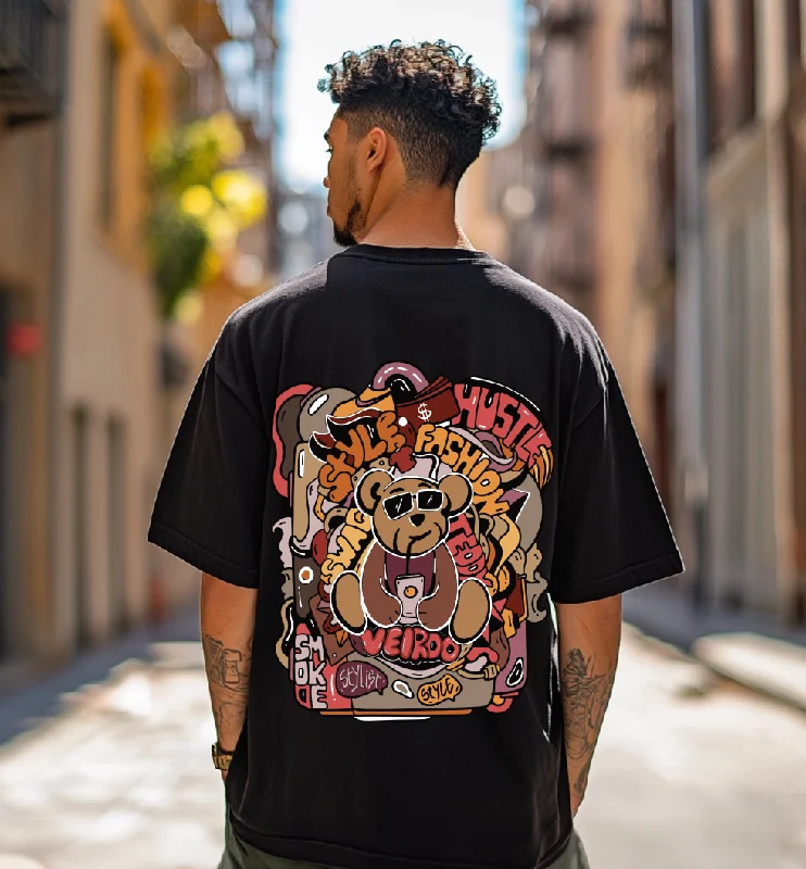 Men's Shirts with Button-Down PocketsTeddy Black Oversized Back Graphic Printed Tshirt Men's Shirts with Button-Down PocketsTeddy Black Oversized Back Graphic Printed Tshirt