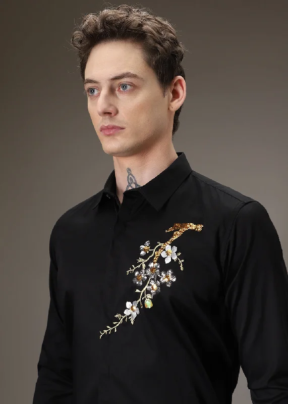 Men's Weekend Shirts for Leisurely OutingsBlack Blossom Sequence Designer Shirt
