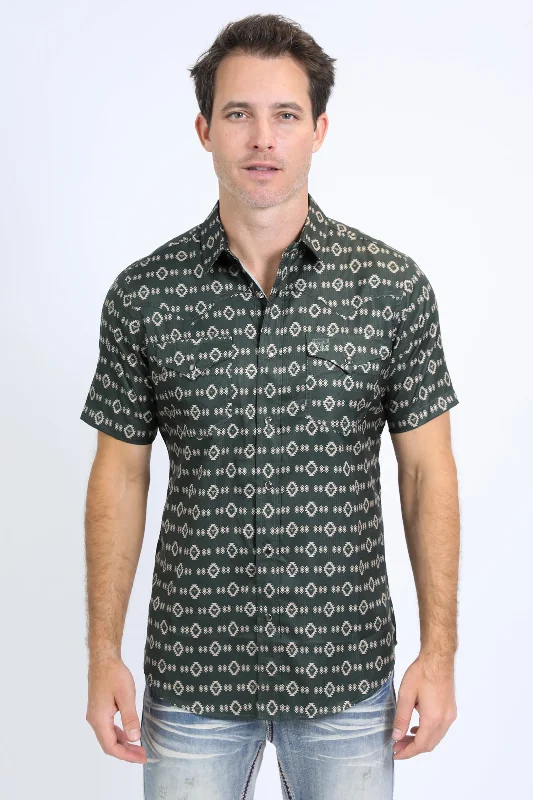 Men's Shirts with Contrast CollarsMens Performance Western Short Sleeve Aztec Print Green Shirt