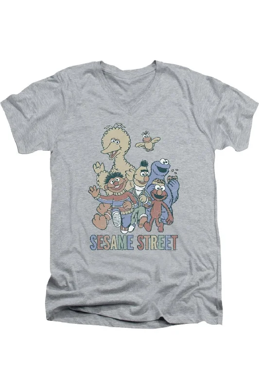 Men's Shirts with Patchwork PatternsSesame Street Colorful Group Short Sleeve Adult V Neck Premium Cotton Tee / T-Shirt