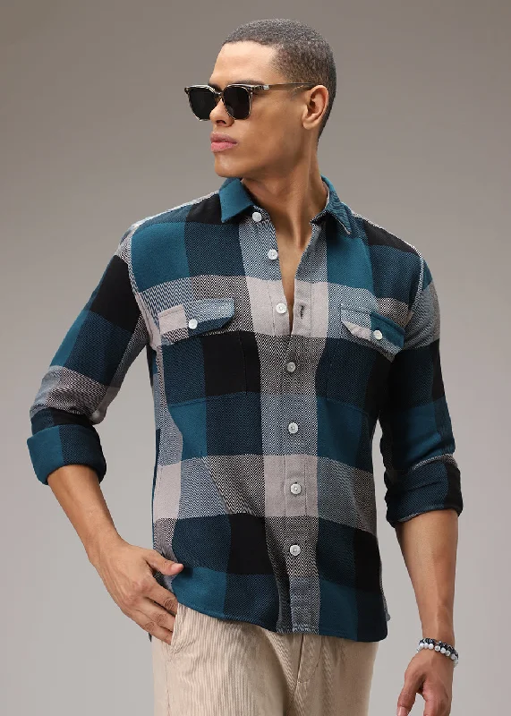 Men's Checked Short-Sleeve Shirts for Summer FunTeal Blue Brushed Cotton Check Shirt Men's Checked Short-Sleeve Shirts for Summer FunTeal Blue Brushed Cotton Check Shirt