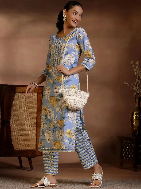 Blue Printed Cotton Straight Kurta Set