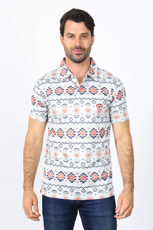 Men's Shirts with Mandarin CollarsMens Performance Fabric Modern Fit Stretch Aztec Print Off White Polo
