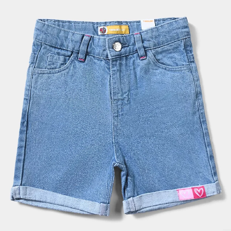 Men's Pants with Embroidered DesignsGirls Denim rigid Short Hearts-Ice Blue