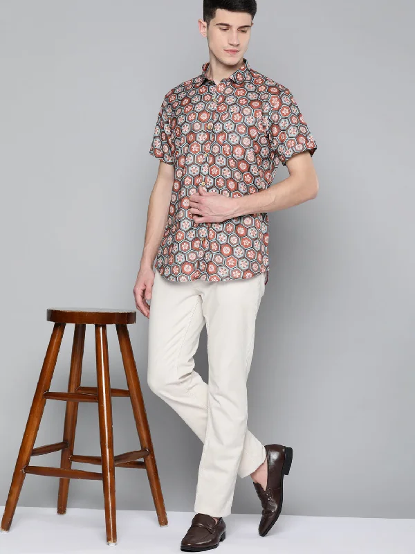 Men's Tennis Shirts for Court ComfortMen Brown Comfort Fit Printed Casual Shirt