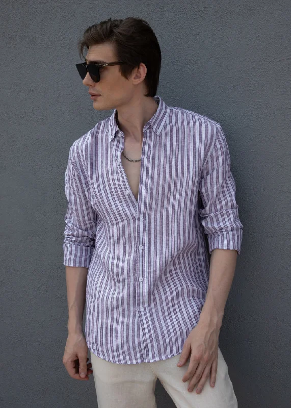 Men's Striped Long-Sleeve Shirts for a Maritime FeelLavender Stripe Pure Irish Linen Shirt Men's Striped Long-Sleeve Shirts for a Maritime FeelLavender Stripe Pure Irish Linen Shirt
