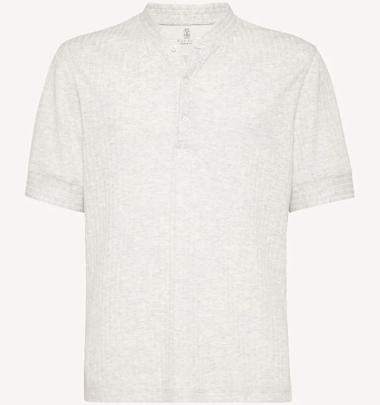 Breathable Men's Mesh TopsBrunello Cucinelli Ribbed Henley T-Shirt in Perla