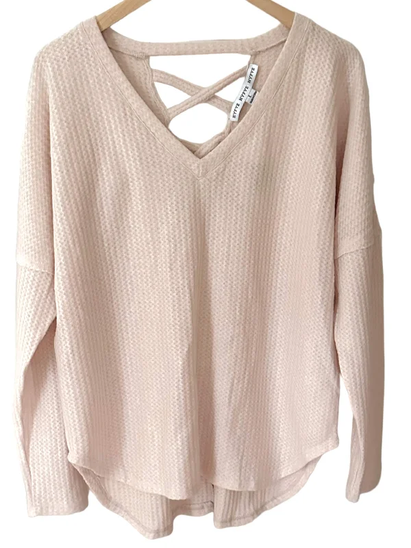 Soft Summer Peach Blush Lattice Back Waffle-Knit Sweatshirt