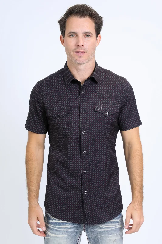 Men's Shirts with Elastic WaistbandsMens Performance Western Short Sleeve Aztec Print Black Shirt