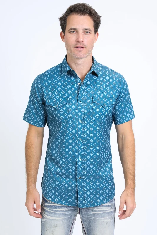 Men's Shirts with Contrast CollarsMens Performance Western Short Sleeve Aztec Print Blue Shirt Men's Shirts with Contrast CollarsMens Performance Western Short Sleeve Aztec Print Blue Shirt