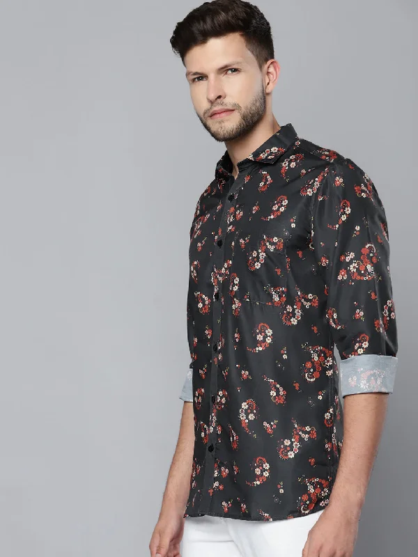 Men's Logo T-Shirts for Brand RepresentationMen Charcoal Grey Smart Slim Fit Floral Printed Formal Shirt
