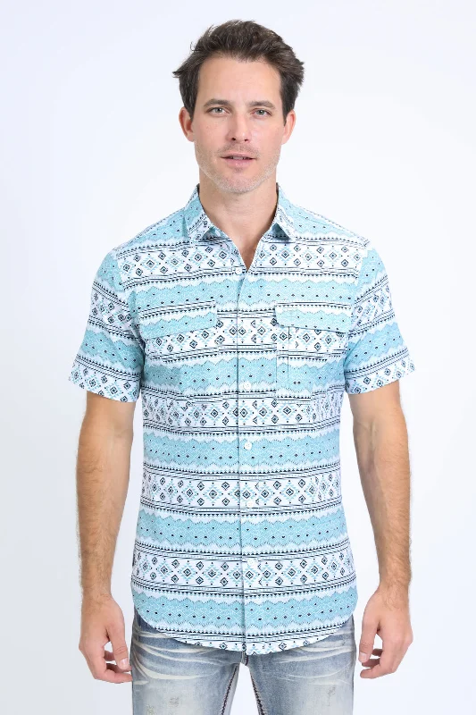 Versatile Men's Tank TopsMens Performance Western Short Sleeve Aztec Print White Shirt