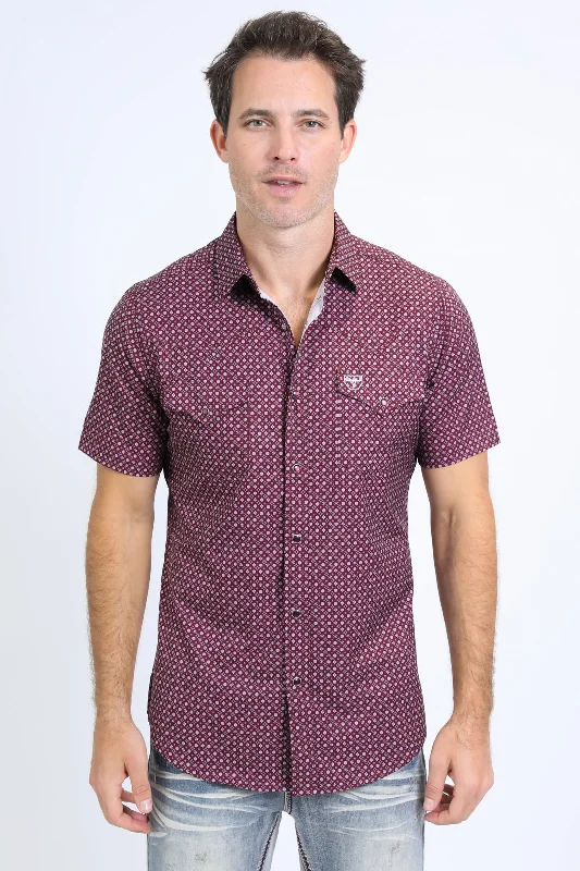 Men's Shirts with Rounded HemlinesMens Performance Western Short Sleeve Aztec Print Burgundy Shirt
