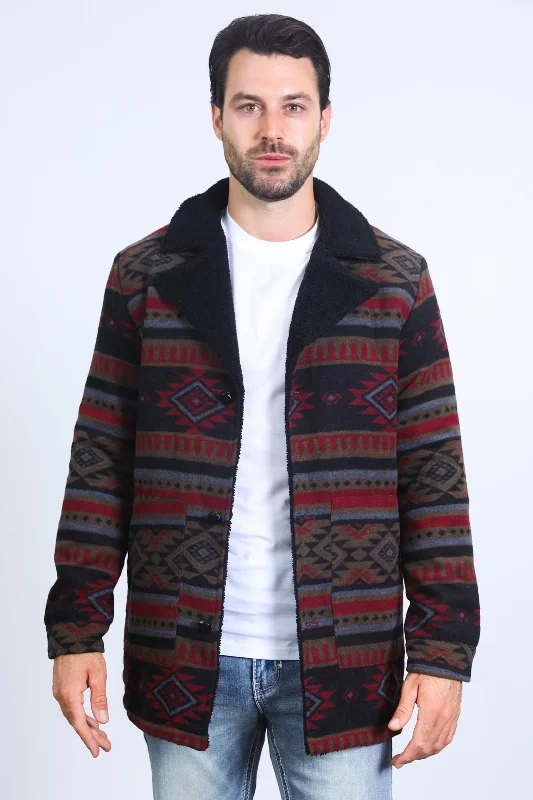 Men's Shirts with Scoop NecksMens Ethnic Aztec Long Twill Black/Red Coat