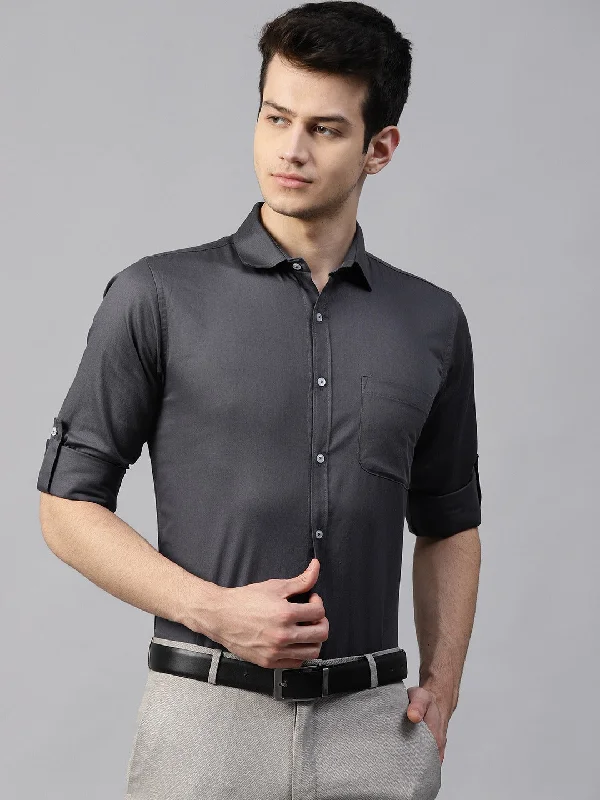 Casual Men's Button-Down ShirtsMen Charcoal Grey Twill Weave Smart Slim Fit Solid Formal Shirt