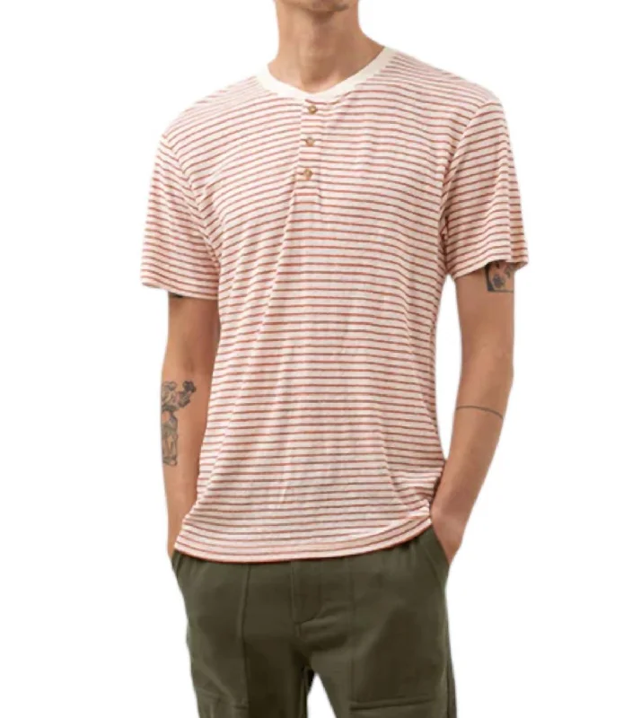 Men's Shirts with Embellished SleevesLinen Striped Henley Tee In Spice