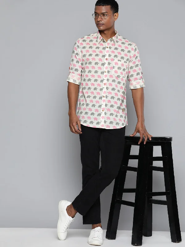 Men's Short-Sleeve Shirts for Warm WeatherDENNISON Men Cream-Coloured Block Printed Shirt