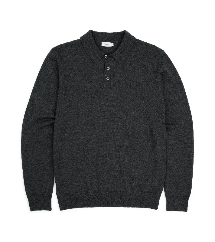 Men's Shirts with Checkered PatternsTrunk Enford Merino Knit Long Sleeve Polo Shirt: Charcoal