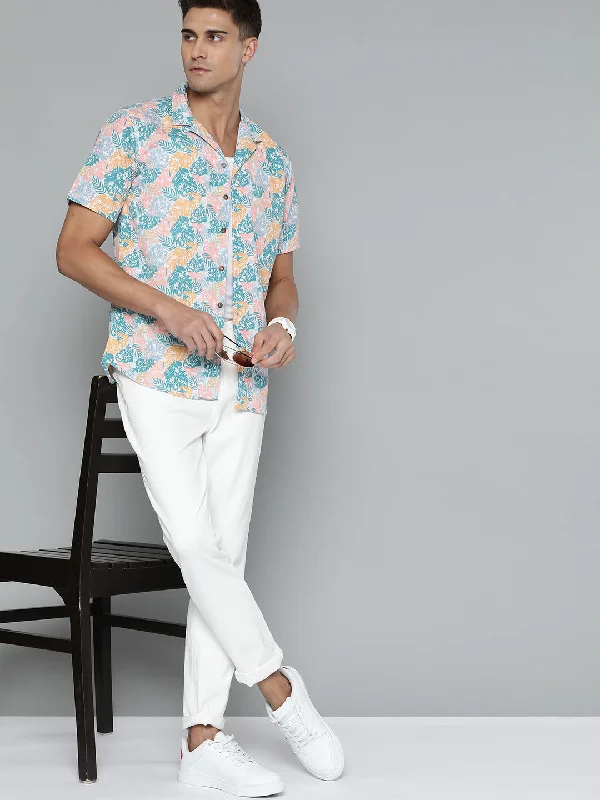 Men's Tailored Shirts for a Sharp AppearanceDENNISON Men Peach-Coloured Smart Slim Fit Floral Printed Casual Shirt