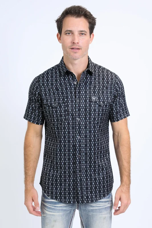 Men's Shirts with Roll-Up SleevesMens Performance Western Short Sleeve Aztec Print Navy Shirt