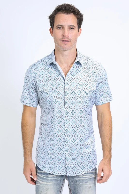 Men's Shirts with Contrast StitchingMens Performance Western Short Sleeve Aztec Print White Shirt
