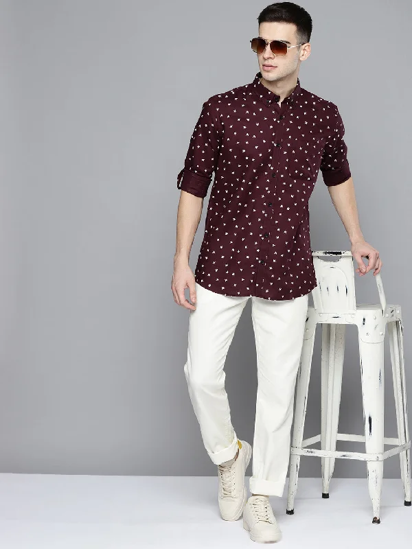 Classic Men's Dress ShirtsMen Maroon Smart Slim Fit Opaque Printed Casual Shirt