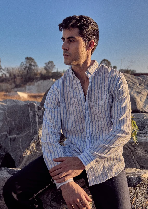Men's Pattern-Clashing Shirts for Bold FashionBlue Stripe Linen Shirt