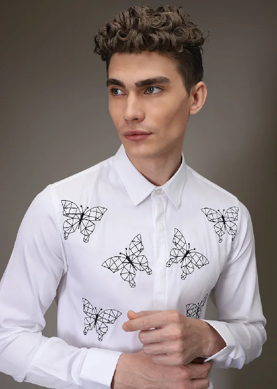 Men's Pattern-Play Shirts for a Fun TwistFlutter Embroidery White Shirt