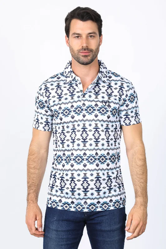 Men's Shirts with High NecksMens Performance Fabric Modern Fit Stretch Aztec Print White Polo