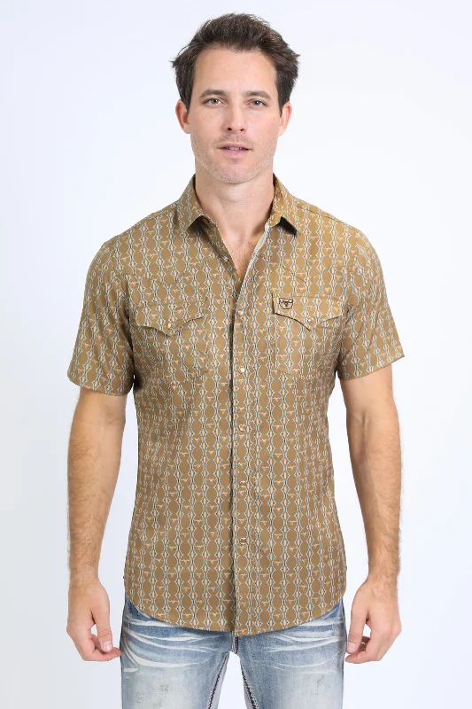 Men's Flowy Shirts for a Relaxed LookMens Performance Western Short Sleeve Aztec Print Camel Shirt