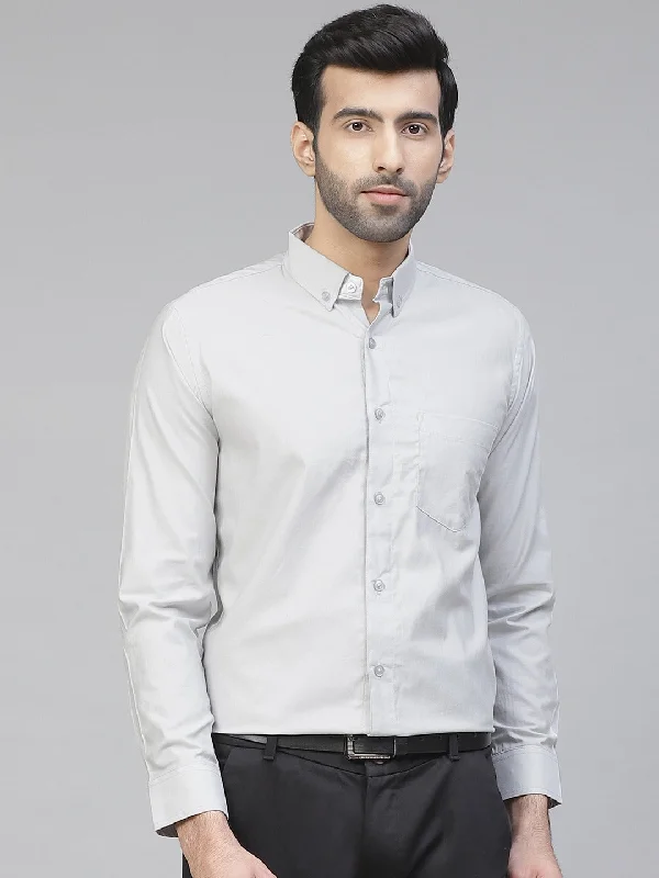 Men's Striped Shirts for a Maritime TwistMen Grey Twill Weave Smart Slim Fit Solid Formal Shirt