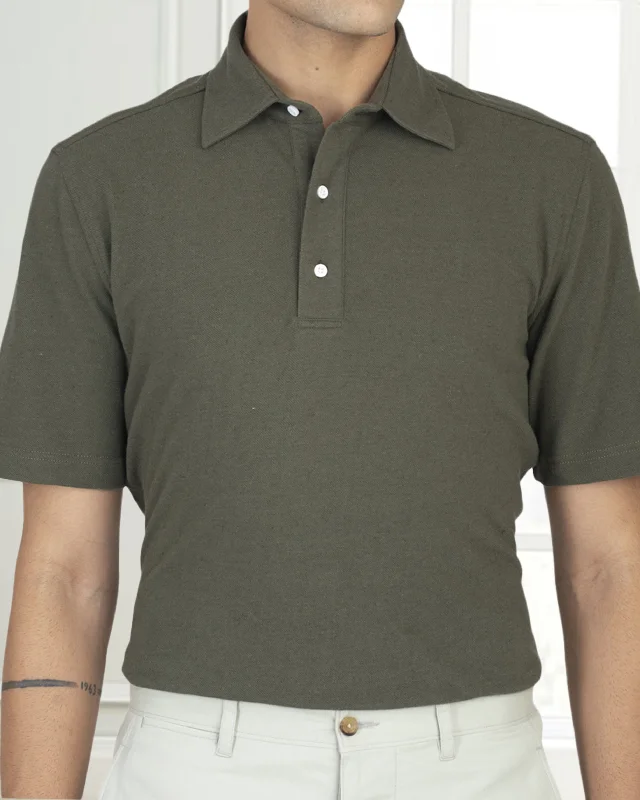 Men's Shirts with Embellished SleevesOlive Green Linen Cotton Polo T-Shirt