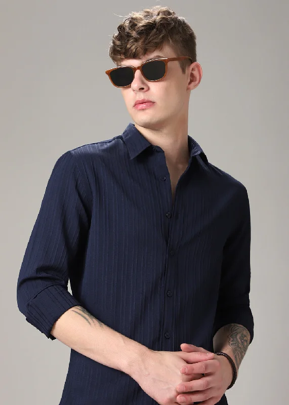 Men's Patterned Casual Shirts for Relaxed StylingNavy Blue Self Striped Shirt