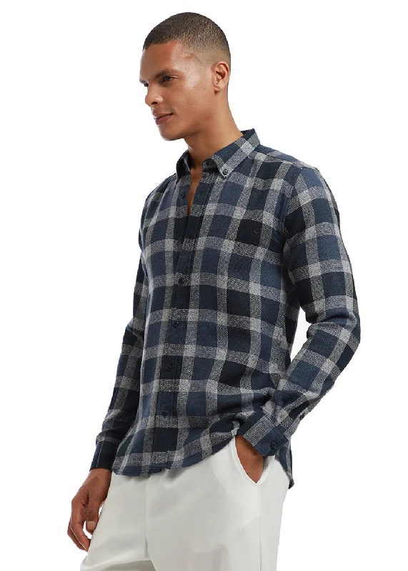 Men's Striped Long-Sleeve Shirts for a Maritime FeelMelange Square Grid Blue Check Shirt
