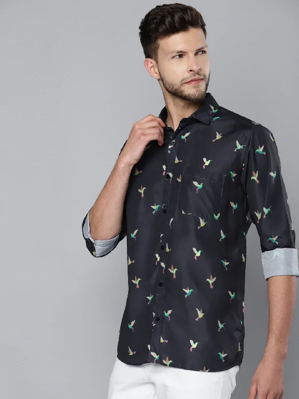 Men's Performance Fabric Shirts for All-Day ComfortMen Navy Blue Smart Slim Fit Printed Formal Shirt