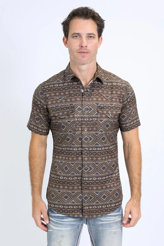 Men's Shirts with Velcro ClosuresMens Performance Western Short Sleeve Aztec Print Brown Shirt