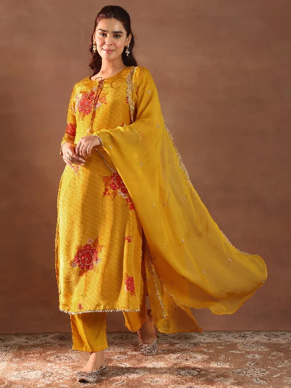 Mustard Printed Silk Blend Straight Suit With Dupatta