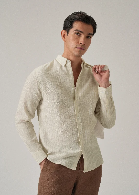 Men's Long-Sleeve Shirts for Year-Round WearEcru Beige Stripe Linen Shirt