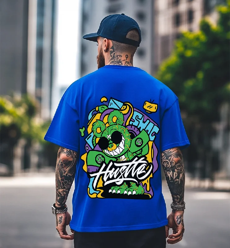 Men's Shirts with Embellished SleevesHUSTLE Blue Oversized Graphic Back Printed Tshirt Men's Shirts with Embellished SleevesHUSTLE Blue Oversized Graphic Back Printed Tshirt